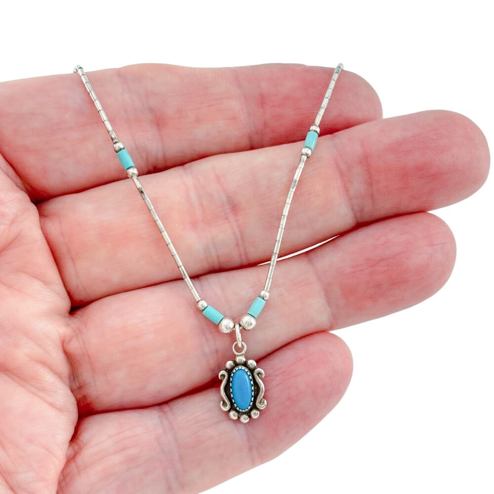 Vintage Sterling Silver Turquoise Pendant Liquid Silver Necklace 16"